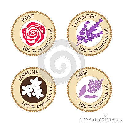 Set of flat essential oil labels. 100 percent. Rose, lavender, jasmine, sage Vector Illustration