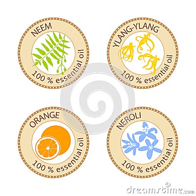 Set of flat essential oil labels. 100 percent. Ylang-ylang, neem, neroli, orange Cartoon Illustration