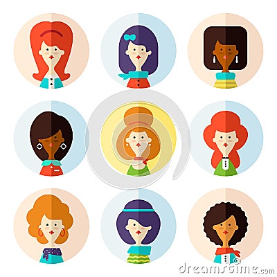Set of flat female avatar icons for social media. Vector Illustration