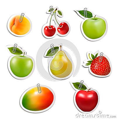 Set of flat fruit stickers with paper clips. Vector Illustration