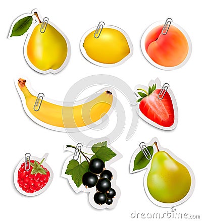 Set of flat fruit stickers with paper clips. Vector Illustration
