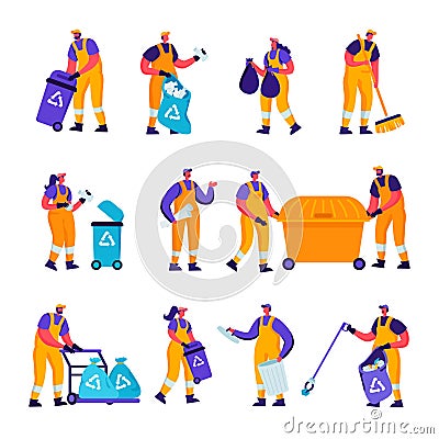 Set of Flat Garbage Recycling and Metallurgy Factory Workers Characters. Cartoon People Ecology Protection Vector Illustration