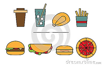 Set of flat geometric fast-food icons. Illustration of colored lemonade, roasted chicken, fries, coffee, pizza, hamburger, hot-dog Vector Illustration