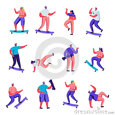 Set of Flat Girls and Boys Skateboarding Stock Photo