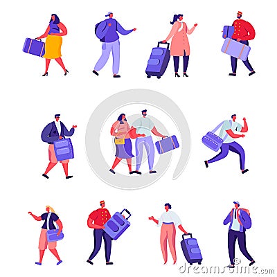 Set of Flat Hotel Staff and Guests Characters. Cartoon Businessman, Receptionist, Clerk Meeting Lodgers Vector Illustration