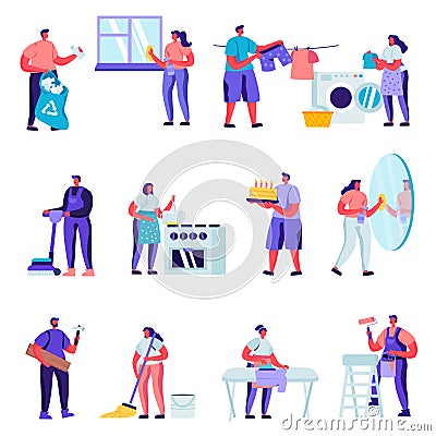 Set of Flat Householders Characters Cleaning Home Characters. Cartoon People Everyday Routine, Specialists Vector Illustration