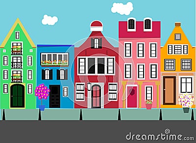 SEt of flat houses. Street in the city. Stock Photo