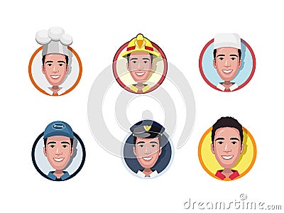 Set flat icons avatars of different professions. Fireman, Doctor, Policeman, Cook, Mechanic. Vector illustration Vector Illustration