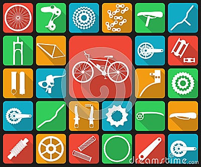 Set of flat icons of bicycle spare parts. Vector Illustration