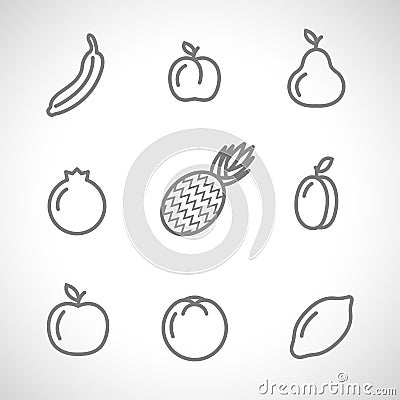 Set flat icons of fruits drawing lines on a white background Vector Illustration