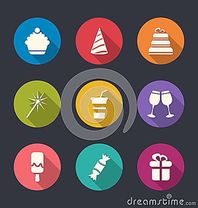 Set flat icons of party objects with long shadows Vector Illustration
