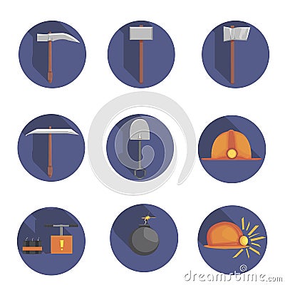 Set of flat icons with shadows of construction tools in blue circles: helmet, shovel, sledgehammer, ax, pickaxe, dynamite. flat Vector Illustration