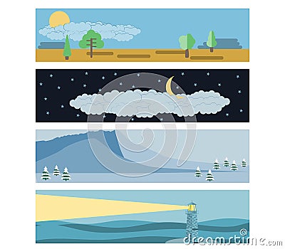 Set in a flat landscape style. Snow-capped mountains, a lighthouse in the sea, day and night. Vector Illustration