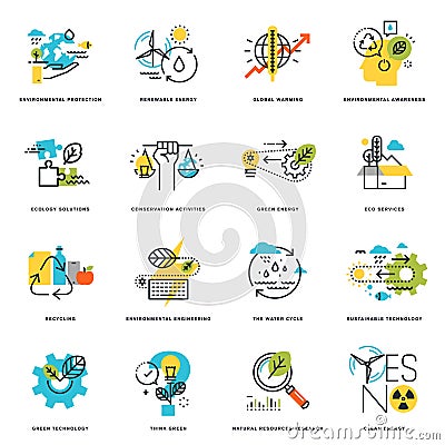 Set of flat line design icons of nature, ecology, green technology and recycling Vector Illustration