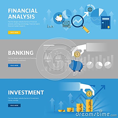 Set of flat line design web banners for banking and finance, investment, market research, financial analysis, savings Vector Illustration