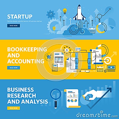 Set of flat line design web banners for company startup, finance, bookkeeping and accounting, business research and analysis Vector Illustration