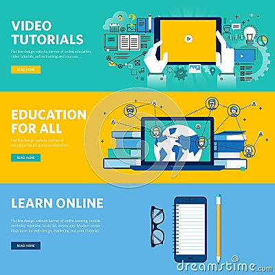 Set of flat line design web banners for distance education, online learning, video tutorials Vector Illustration