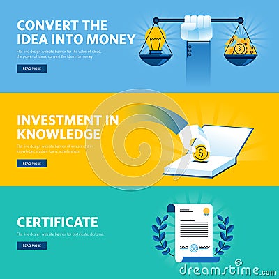 Set of flat line design web banners for investment in knowledge Vector Illustration