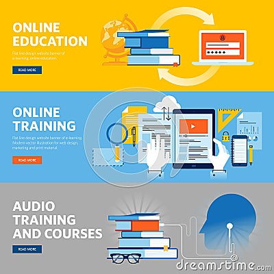 Set of flat line design web banners for online education, online training and courses Vector Illustration