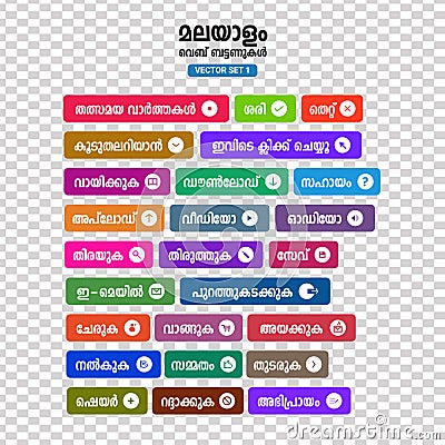 Set of flat Malayalam web buttons Vector Illustration