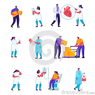 Set of Flat Medicine Staff, Road Repair Workers Characters. Cartoon People Making Asphalt Maintenance. Warning Signs Vector Illustration