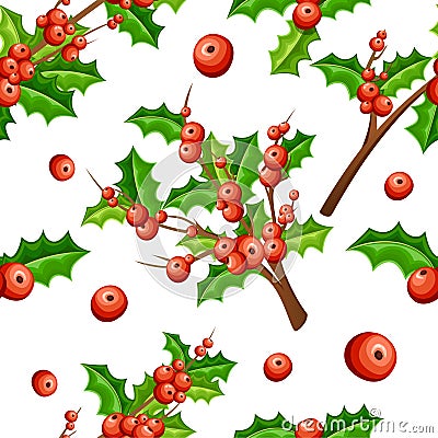 Set of flat mistletoe decoration. Branches with red berries green leaves .Seamless Christmas ornament. Vector illustration isolate Cartoon Illustration
