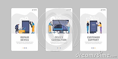 Set of flat mobile slider templates for device service business- device maintenance, handling, device repair, connection issues, Stock Photo