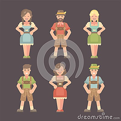 Set of flat Oktoberfest characters on dark background Vector Illustration