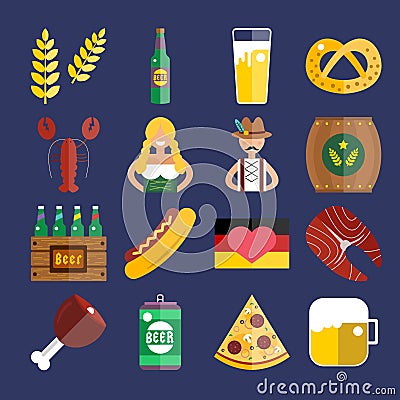 Set of flat Oktoberfest vector icons. Bottle Beer Vector Illustration