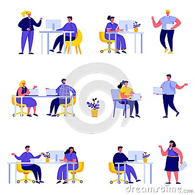 Set of flat people coworking space with creative characters. Bundle cartoon people business team working together Vector Illustration