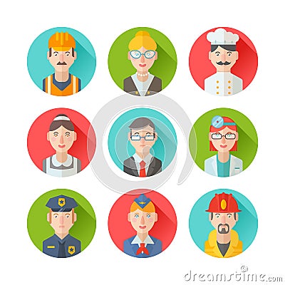 Set of flat portraits icons with people of different professions Vector Illustration