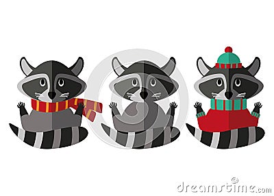 Set of flat raccoon icons, with snout, paws, tail, sweater and scarf. Vector Illustration