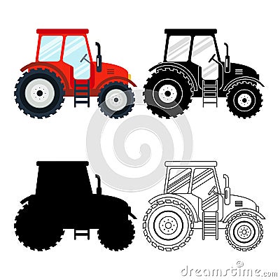 Set of flat red, black, thin line tractors on the white background. Farming vehicle icon machinery, agricultural Vector Illustration