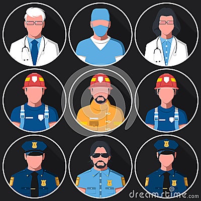 Set of flat round avatars of medical, fire and police services Vector Illustration