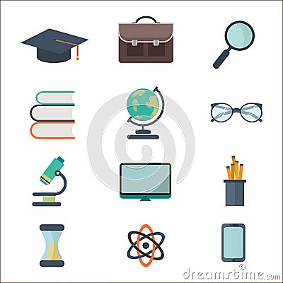 Set of flat school and education icons set. Vector illustration. Cartoon Illustration