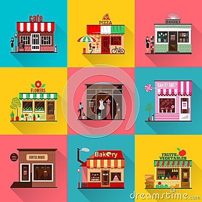 Set of flat shop building facades icons with shadow Vector Illustration