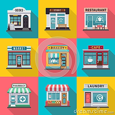 Set of flat shop building facades icons. Vector illustration for local market store house design Vector Illustration