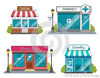 Set of flat shop building facades icons. Vector illustration for local market store house design. Shop facade building Vector Illustration