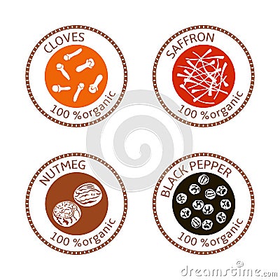 Set of flat spices stamp labels. 100 organic. collection Cartoon Illustration