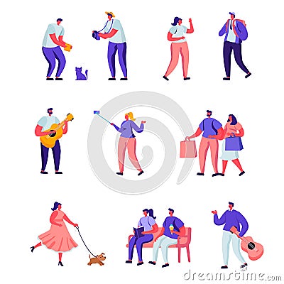 Set of Flat Street Musicians and Pedestrians Stock Photo