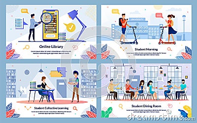 Set Flat, Student Morning, Online Library Cartoon Stock Photo