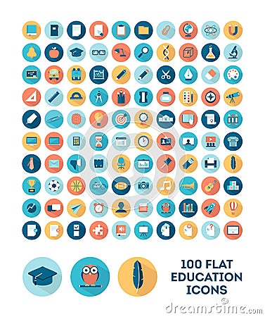 Set of 100 flat style education icons Vector Illustration