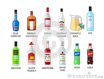 Set of flat style elite alcohot bottle icons design Vector Illustration