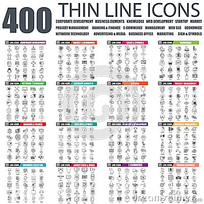 Set of flat thin line business web icons Vector Illustration