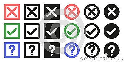 A set of flat ticks and crosses and a question mark in a square and in a circle. Vector graphics Vector Illustration