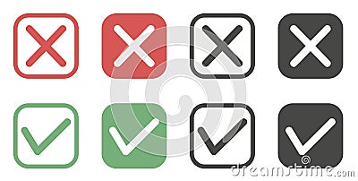 A set of flat ticks and crosses in a square. Square signs and lines of different thickness, green and red. Vector graphics Vector Illustration