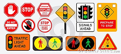 Set of flat traffic light and stop sign. Vector Illustration