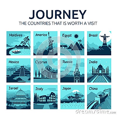 Set of flat travel banners with different countries of world. Travel and tourism. Journey. Editorial Stock Photo