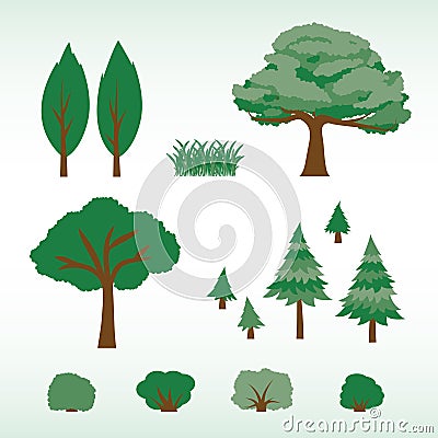 Set of flat trees, bushes and grass Vector Illustration