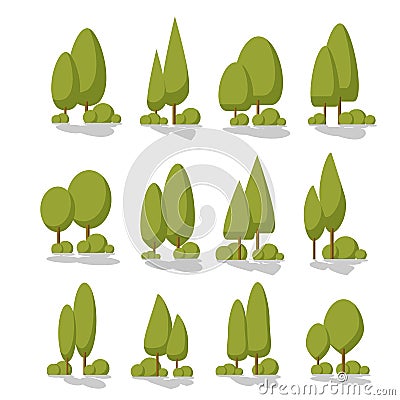 Set Flat Trees in a Flat Design. Isolated on White Background. Vector Illustration